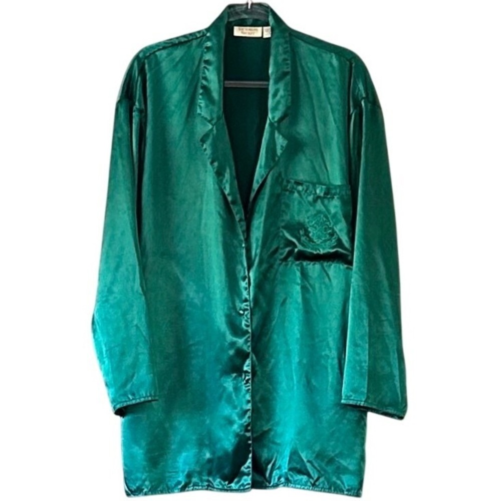 Victorias Secret‎ Vintage Sleep Shirt Emerald Green Satin 80's Gold Label Large